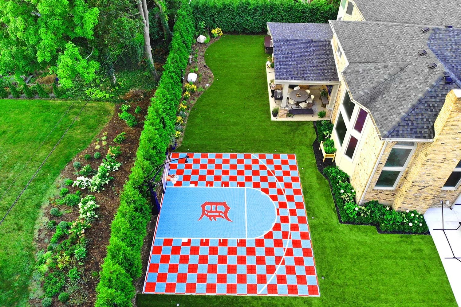 Aerial view of a SynLawn Chicago residential synthetic turf installation